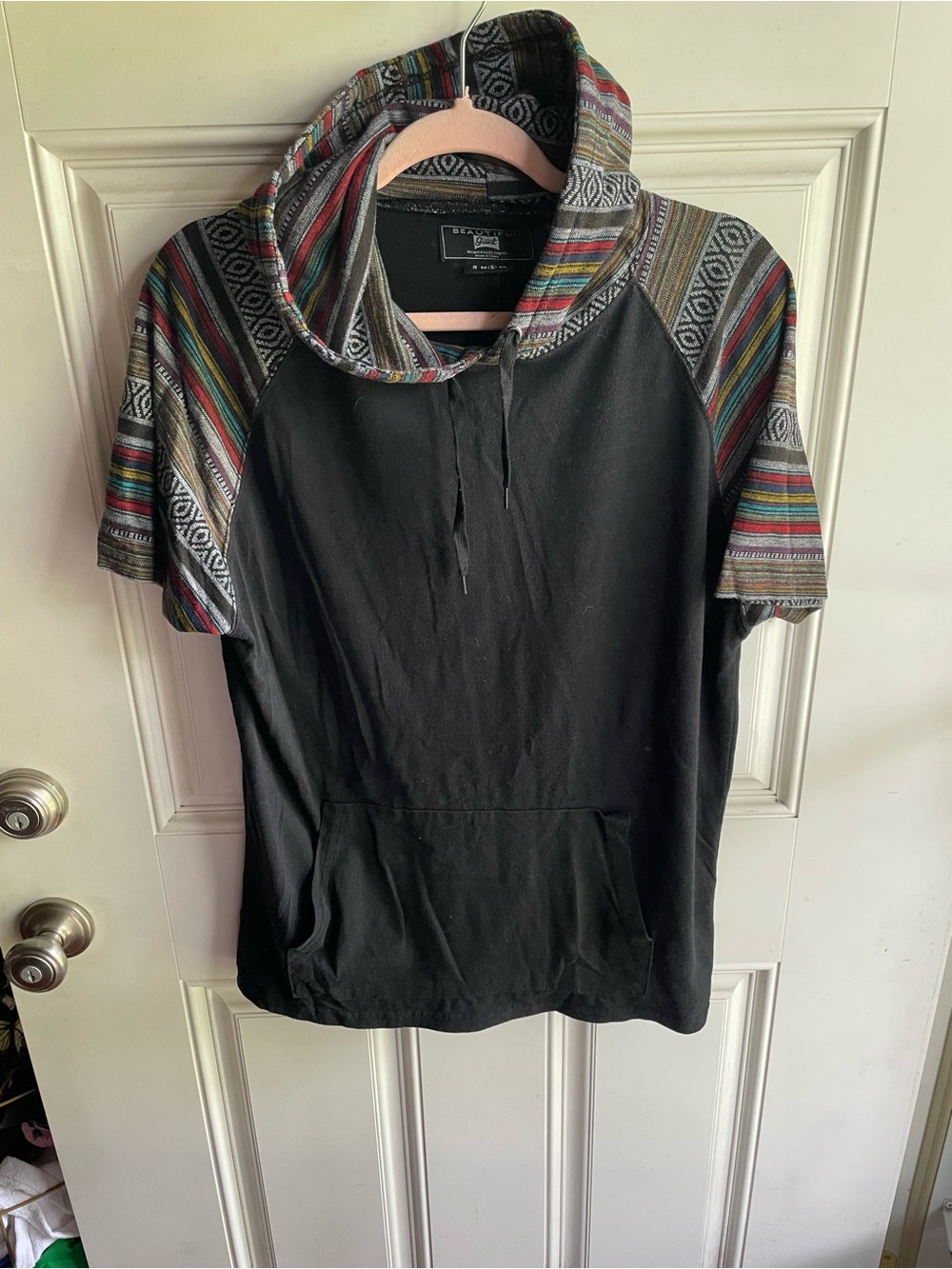 Black Short-Sleeve Hoodie with Multi-Stripe Aztec Trim - Men